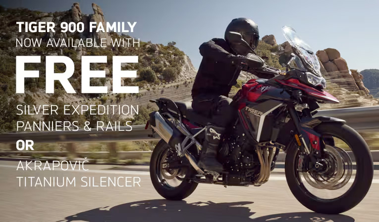 Triumph - Tiger 900 GT & Rally Pro - FREE SILVER PANNIERS & RAILS OR AKRAPOVIČ TITANIUM SILENCER